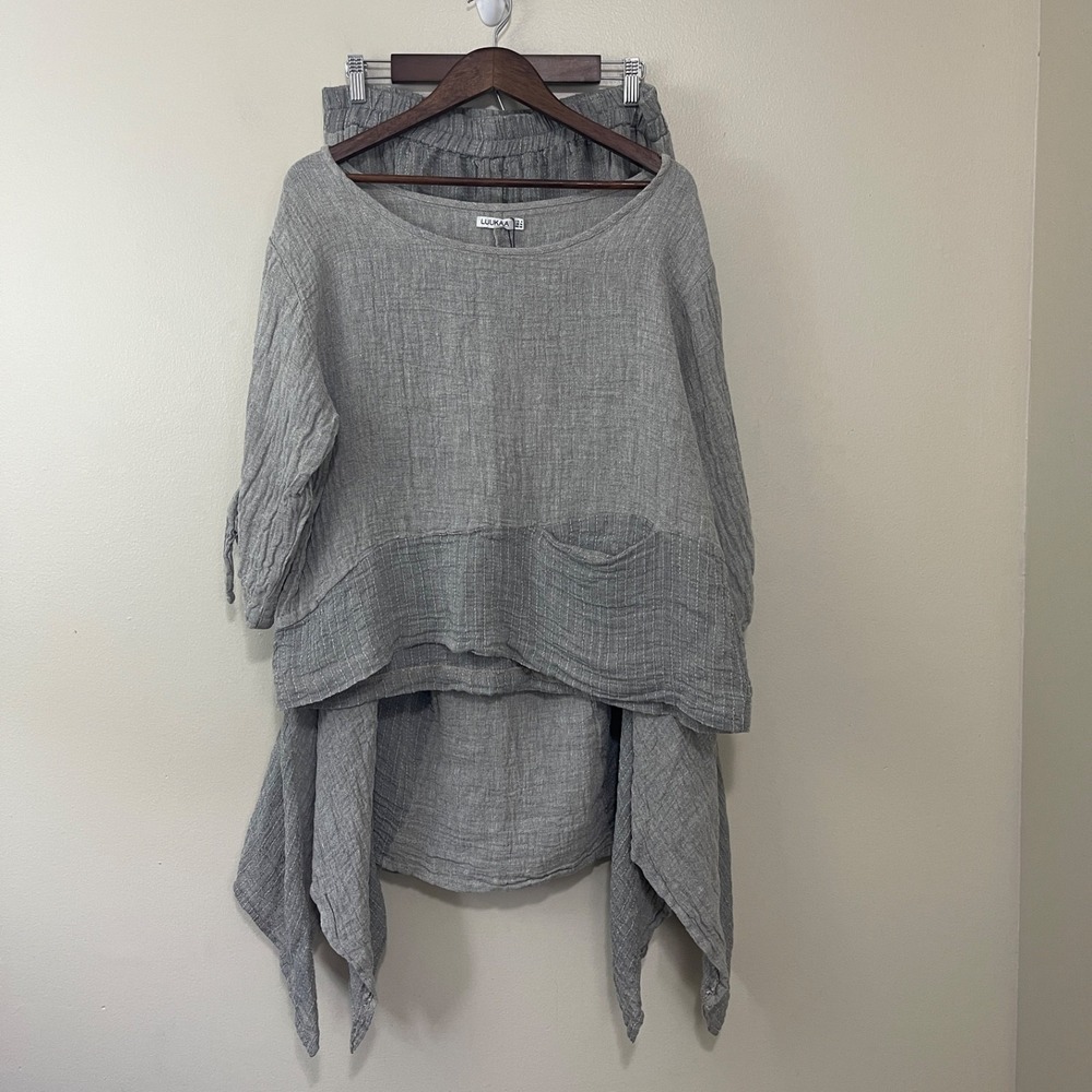 Luukaa Set Womens US Size‎ 14-16 Gray Top Skirt Linen Blend Lagenlook NWT $395